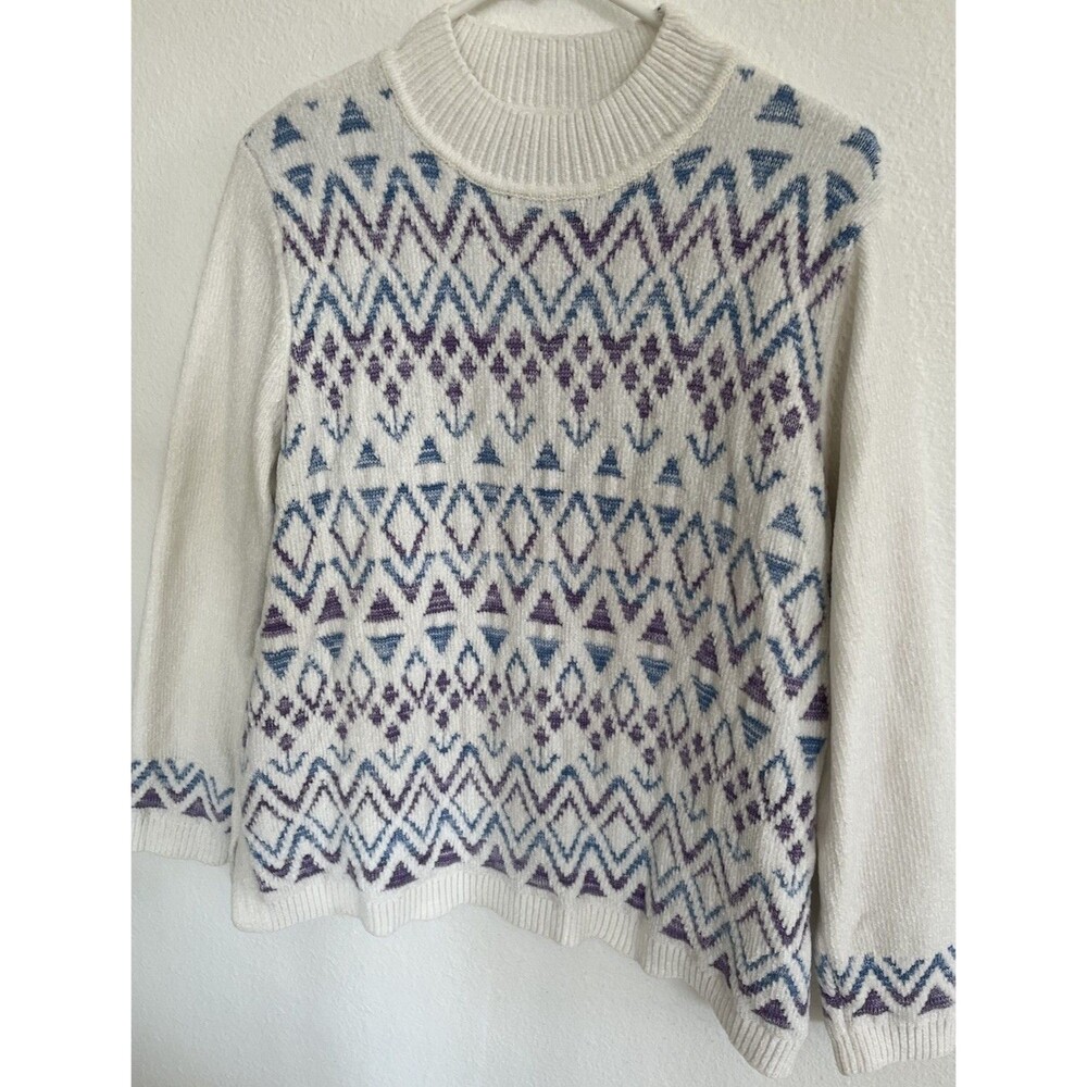 Vtg Alfred Dunner Fair Isle Fleece Sweater XL White Blue Purple Geometric Retro
